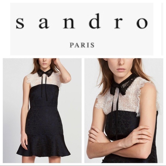 Sandro Flavia Dress Black White Eyelash Lace Flare Brocade - Picture 3 of 15